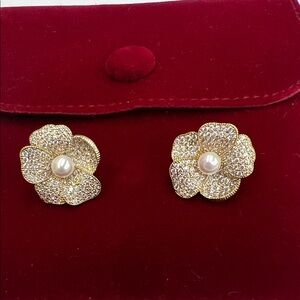 Gold Floral Pearl Center Clip-On Earrings